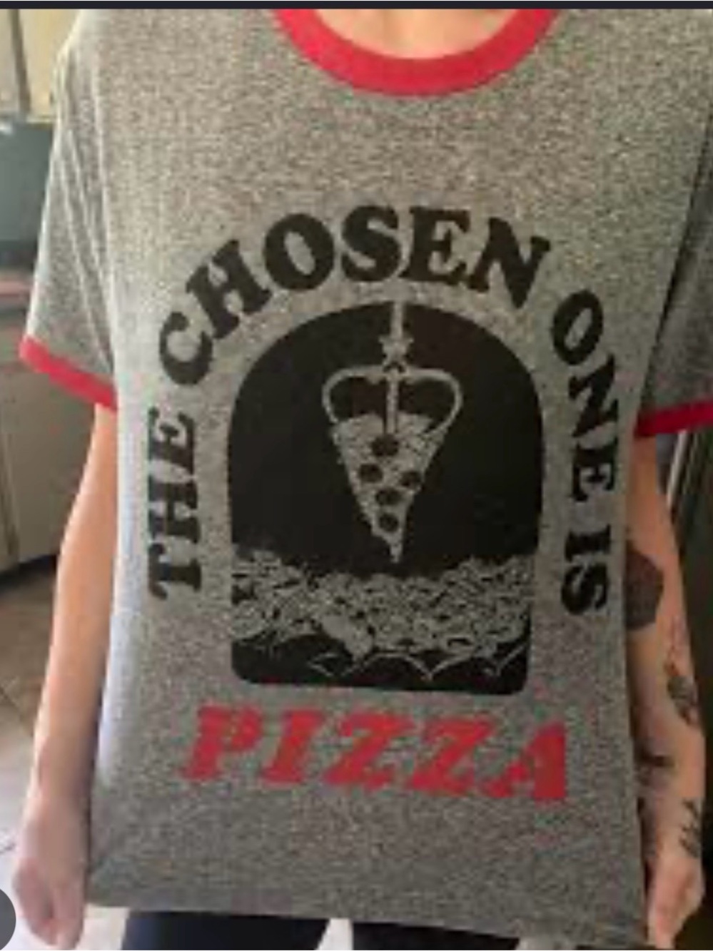 Disney Gray Heather Tee with Red Trim & Black Pizza Graphic
